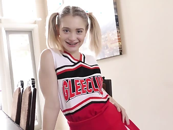 Puny blondie Cheerleader with Braces deep throats and converses filthy while lovin’ a suck off fellatio
