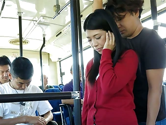 Black-haired Aimi Nagano gets her taut slot opened up in a bus rail